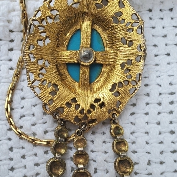 Vintage Gold Filigree Faux Turquoise pendant Necklace - Picture 6 of 7